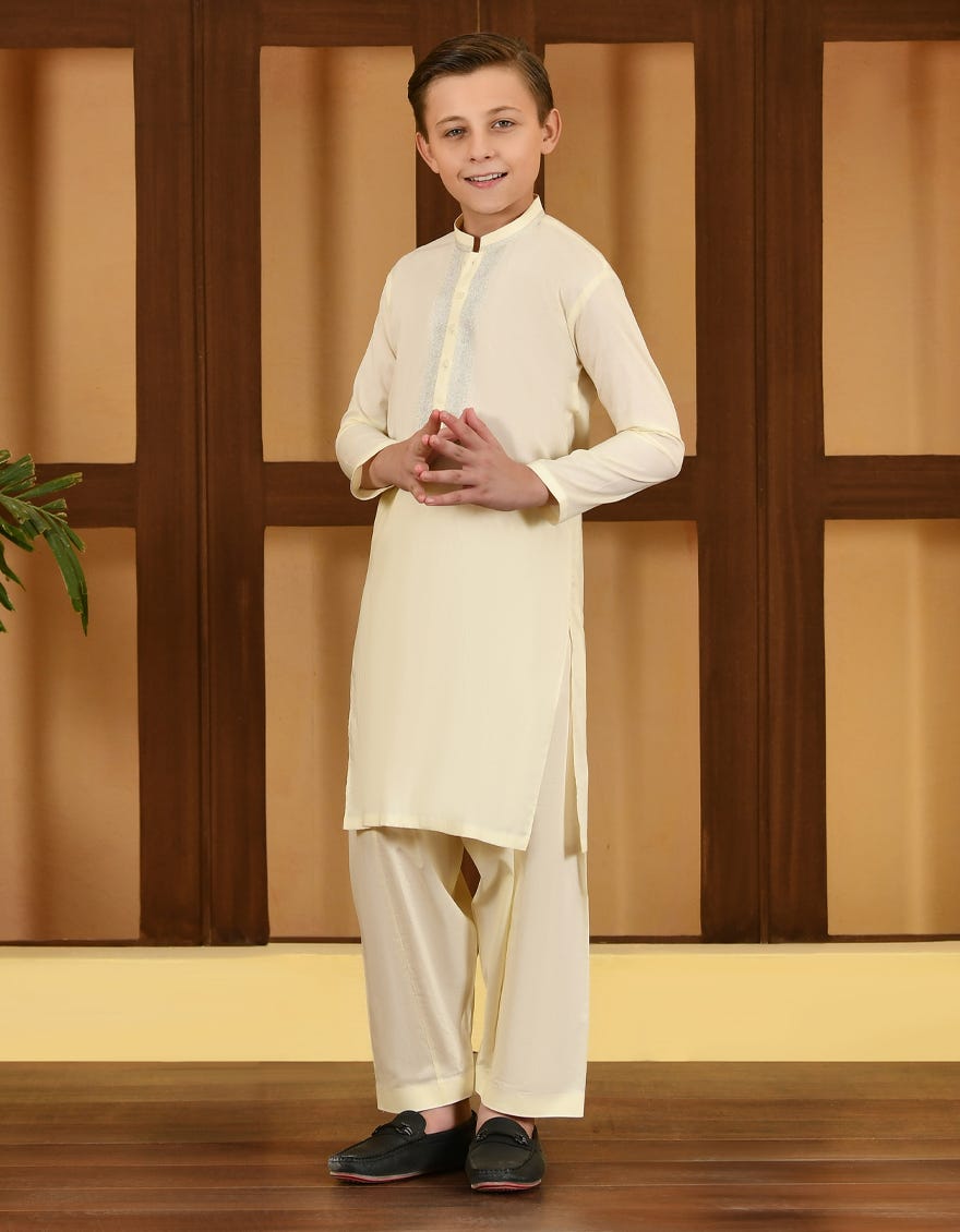 Cream Cotton Kid's Kameez Shalwar | Jcks-S-38710