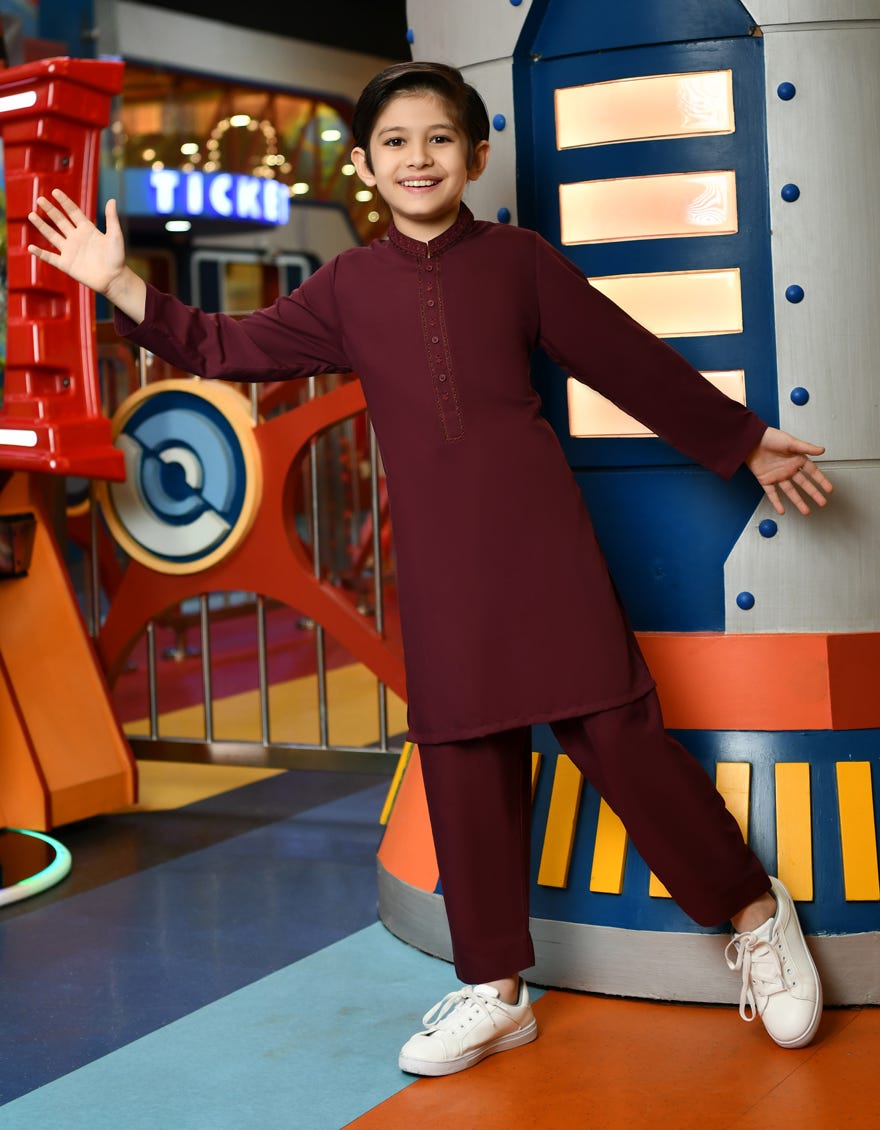 Maroon Cotton Kid's Kameez Shalwar | Jcks-S-38745