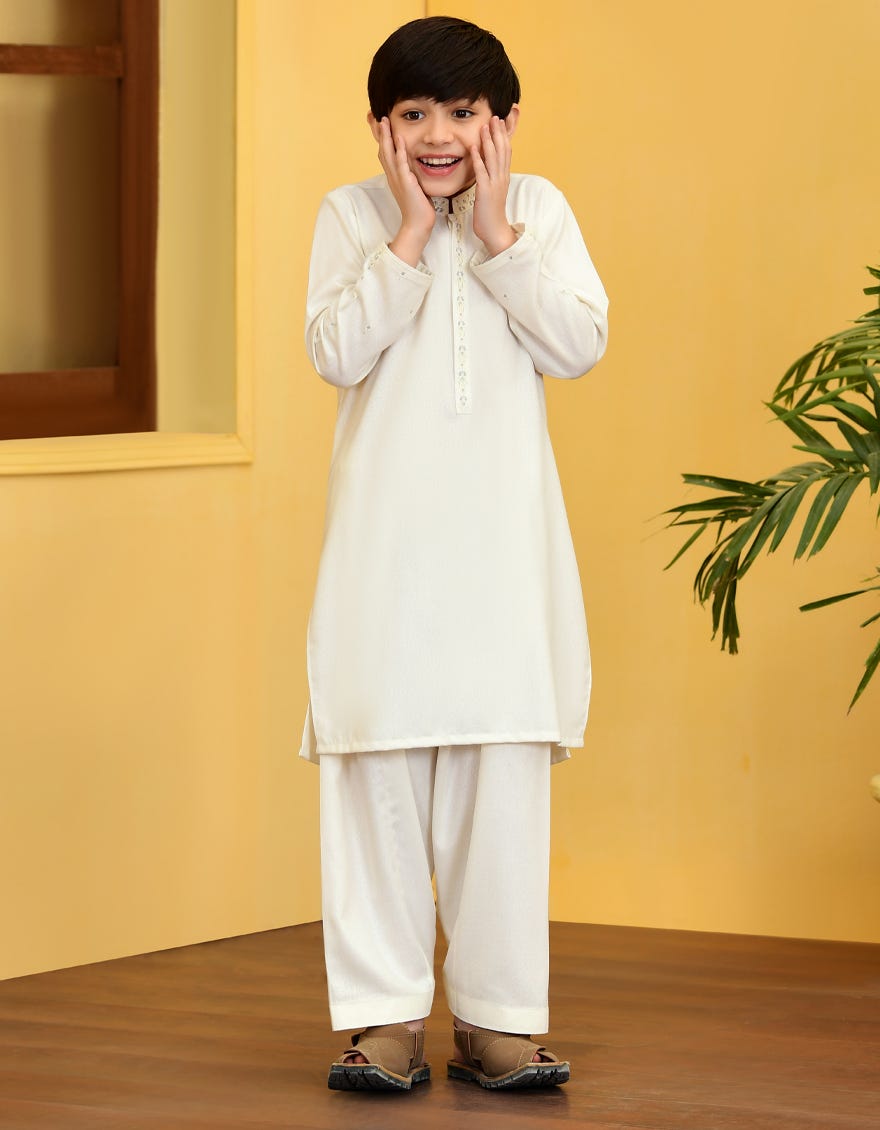 Off White Blended Kid's Kameez Shalwar | Jcks-A-38746