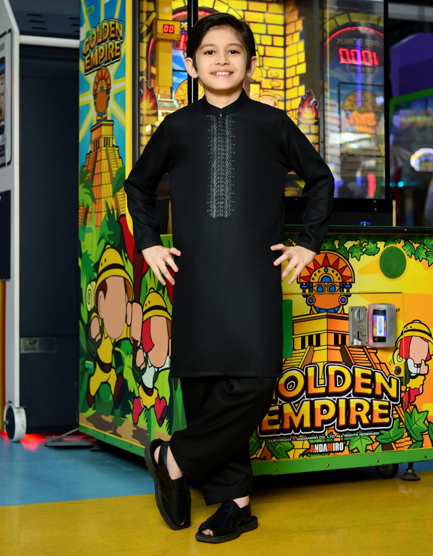 Black Blended Kid's Kameez Shalwar | Jcks-S-38764