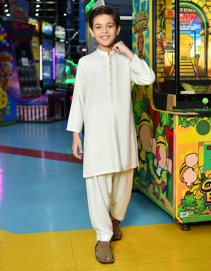 Pearl White Blended Kid's Kameez Shalwar | Jcks-A-38767