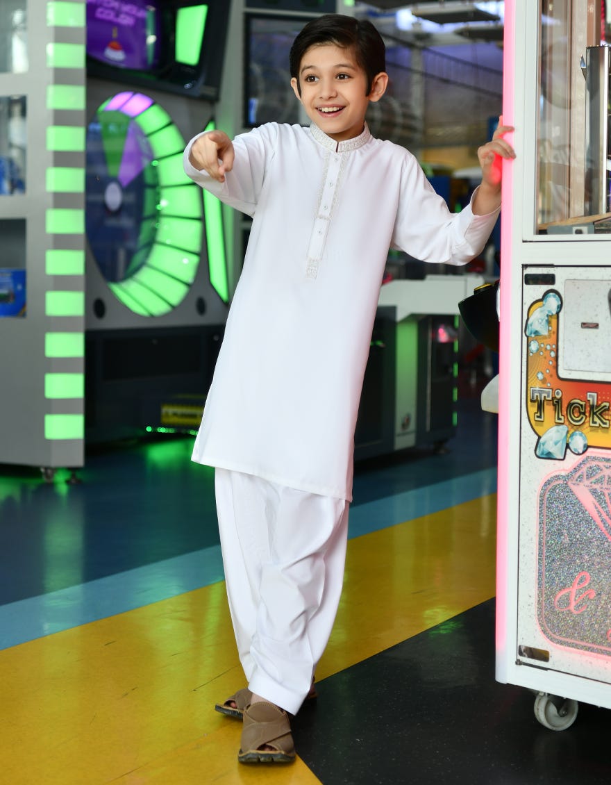 White Blended Kid's Kameez Shalwar | Jcks-A-38775