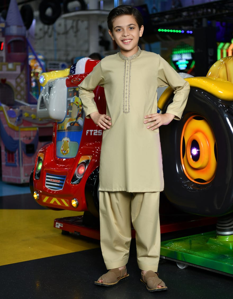 Beige Cotton Kid's Kameez Shalwar | Jcks-S-38779