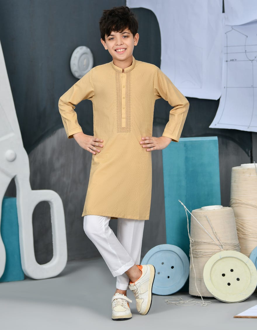 Beige Cotton Kid's Kurta | Jck-S-38782