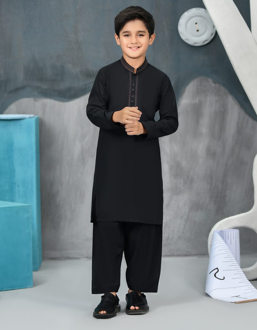 Black Blended Kid's Kameez Shalwar | Jcks-S-38788