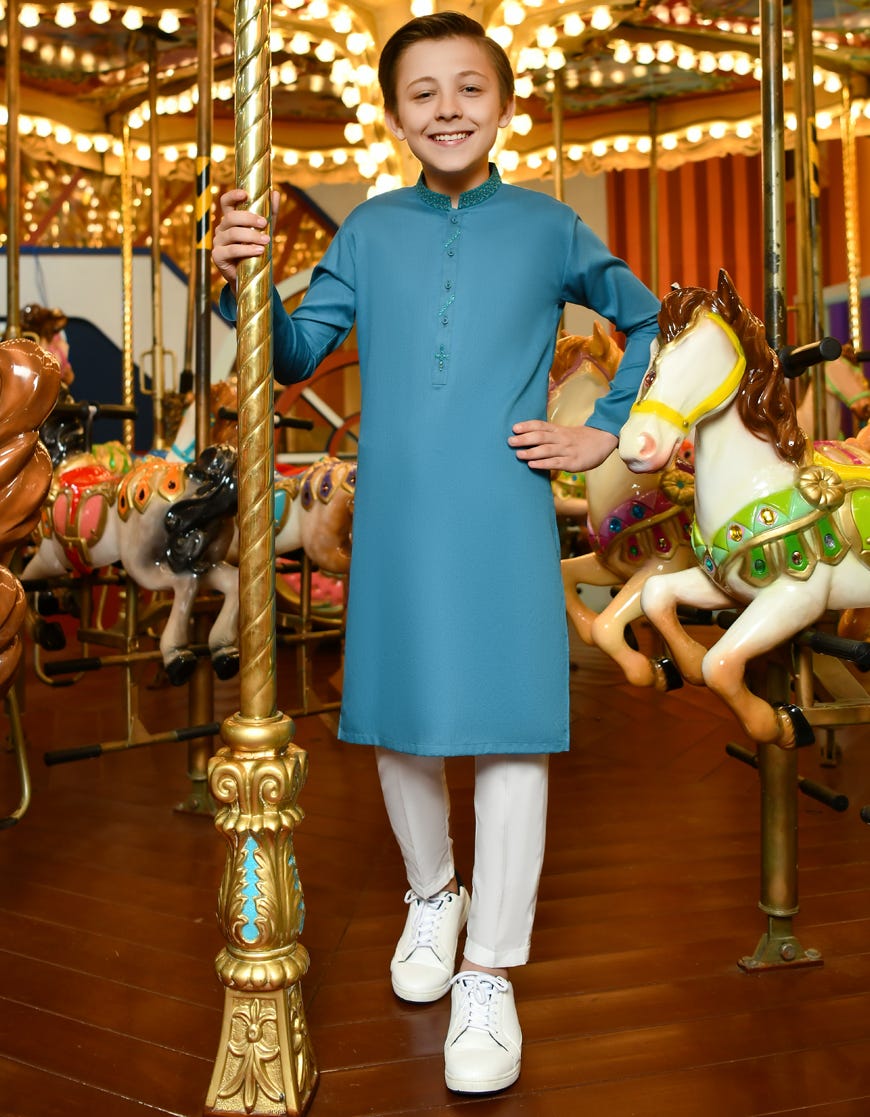 Turquoise Cotton Kid's Kurta | Jck-S-38796