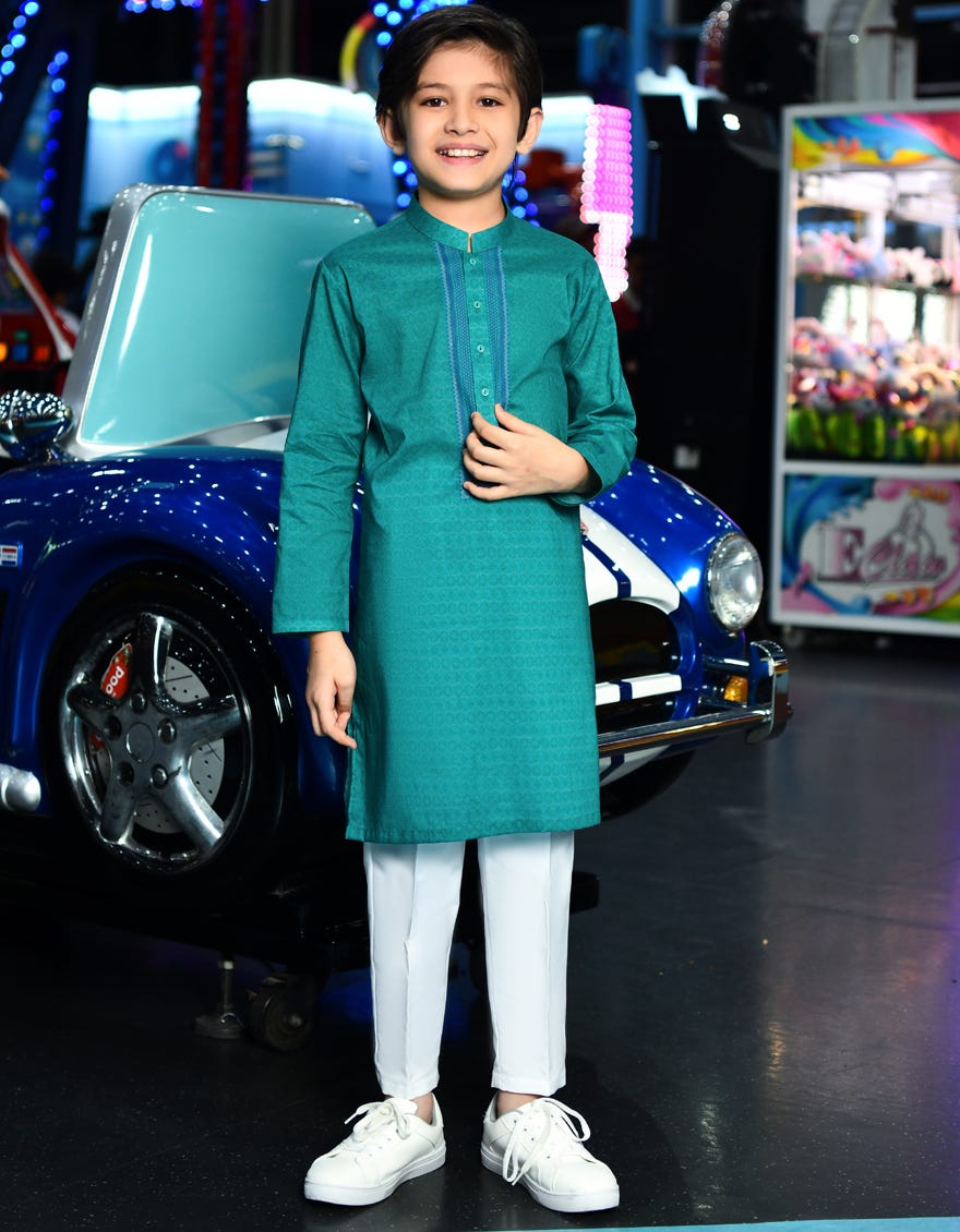 Green Cotton Kid's Kurta | Jck-S-38803