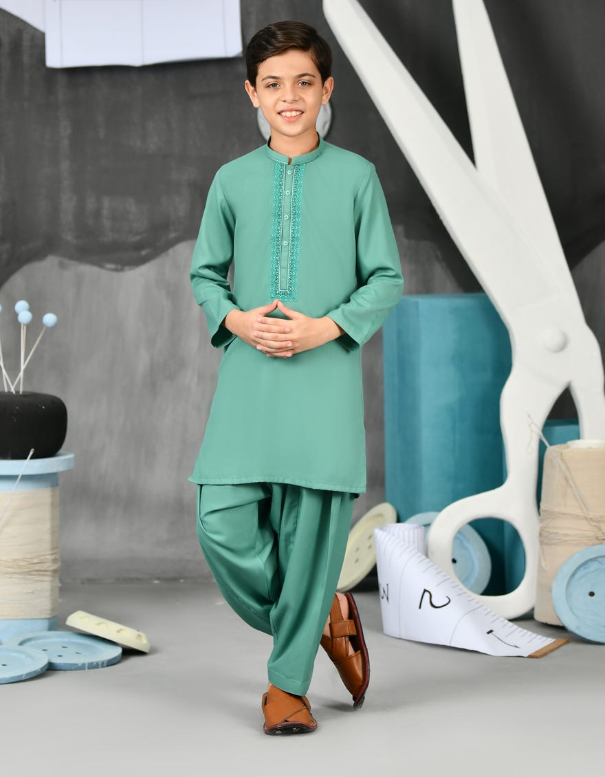 Green Blended Kid's Kameez Shalwar | Jcks-S-38812