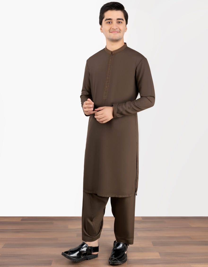Brown Blended Teen Boy's Kameez Shalwar | Jtks-S-38844