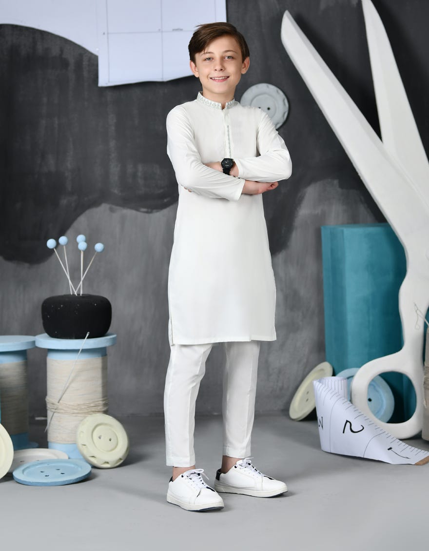 White Polyester Kid's Kameez Shalwar | Jcks-S-38846