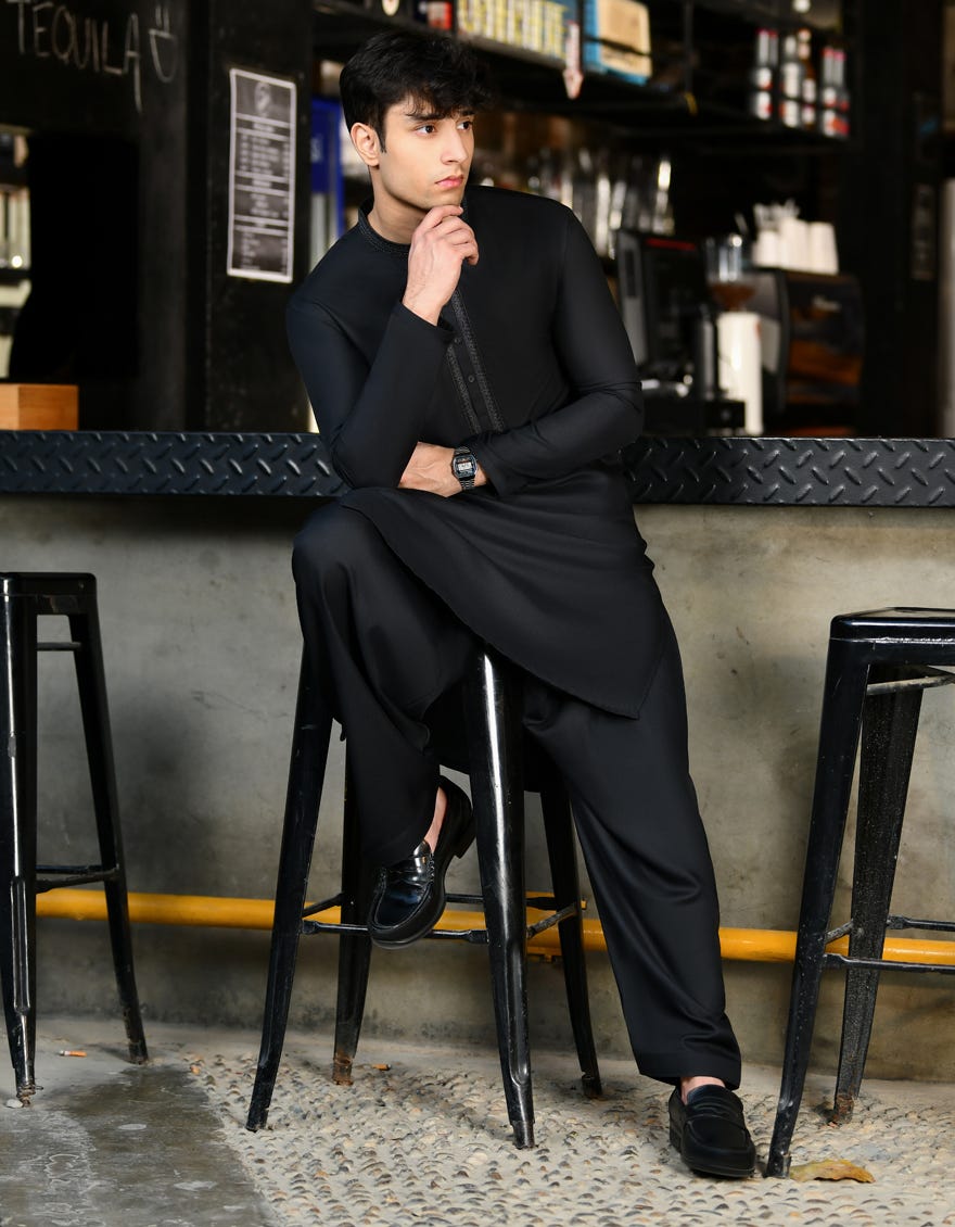 Black Blended Teen Boy's Kameez Shalwar | Jtks-S-38849