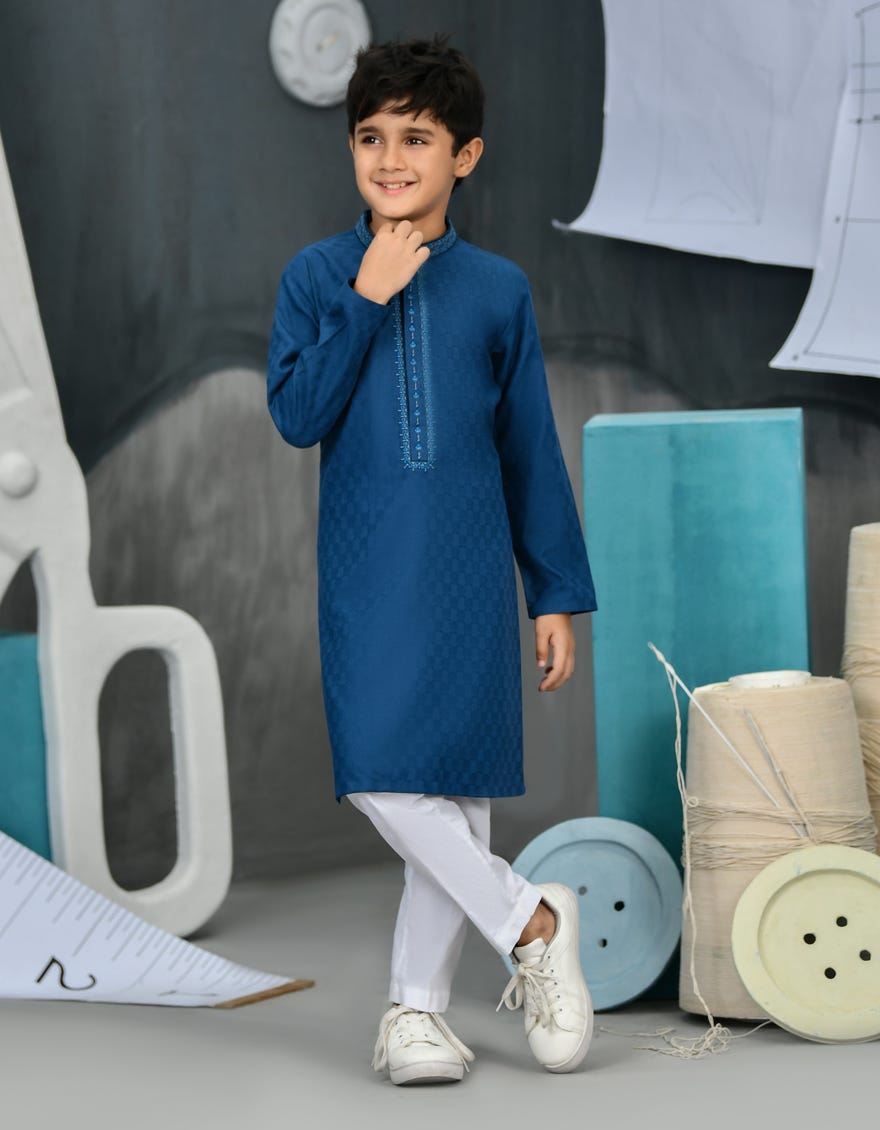 Prussian Blue Blended Kid's Kurta | Jck-S-38852