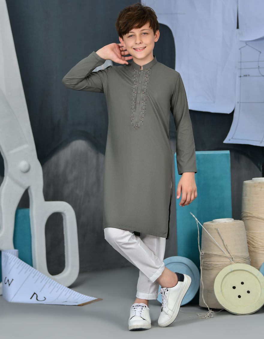 Grey Blended Kid's Kurta | Jck-A-38867