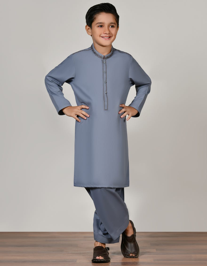 Grey-Blue Blended Kid's Kameez Shalwar | Jcks-S-38885
