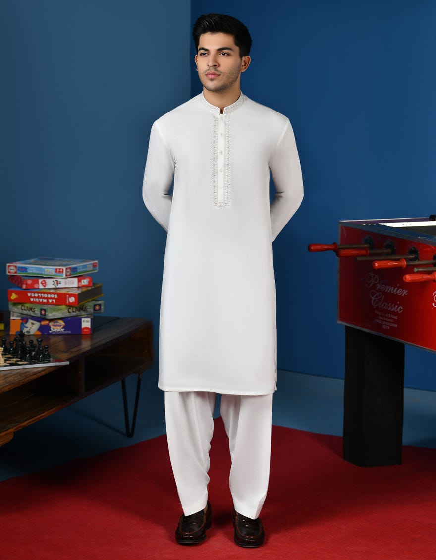 Off White Blended Teen Boy's Kameez Shalwar | Jtks-A-38897