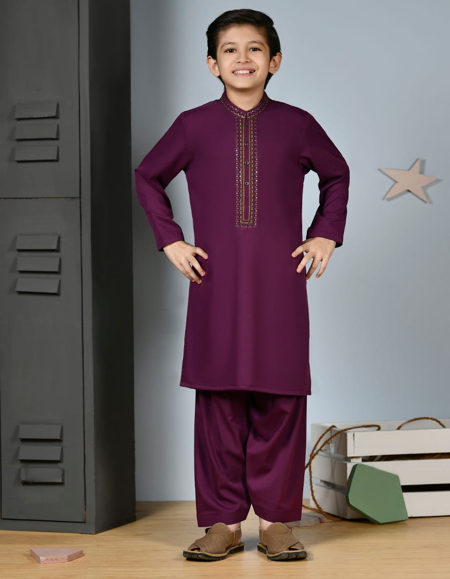 Burgundy Blended Kid's Kameez Shalwar | Jcks-S-38900