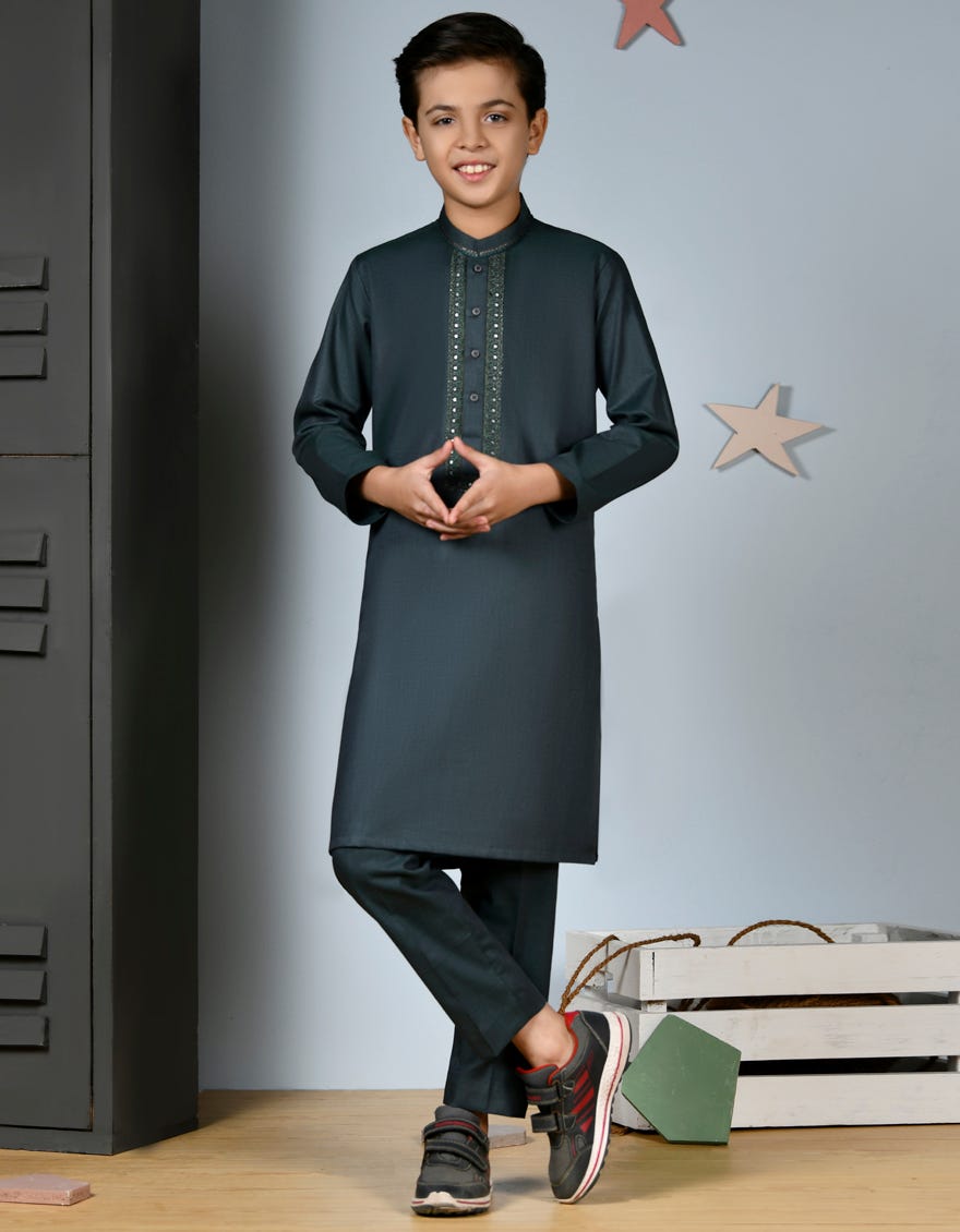 Dark Green Cotton Kid's Kameez Shalwar | Jcks-A-38902