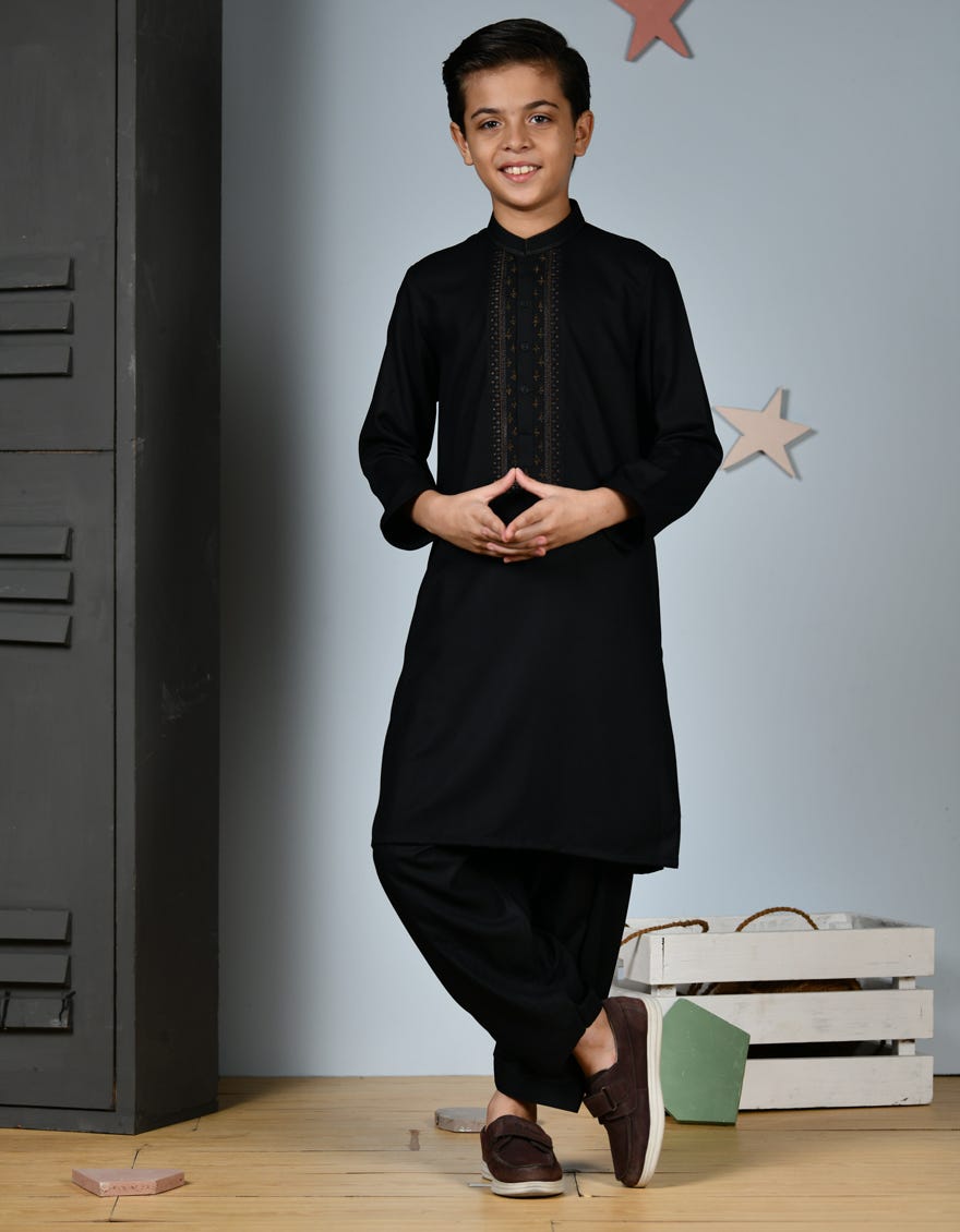 Black Blended Kid's Kameez Shalwar | Jcks-A-38913