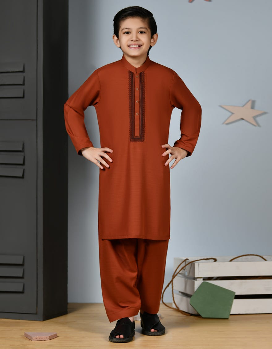 Rust Blended Kid's Kameez Shalwar | Jcks-A-38922