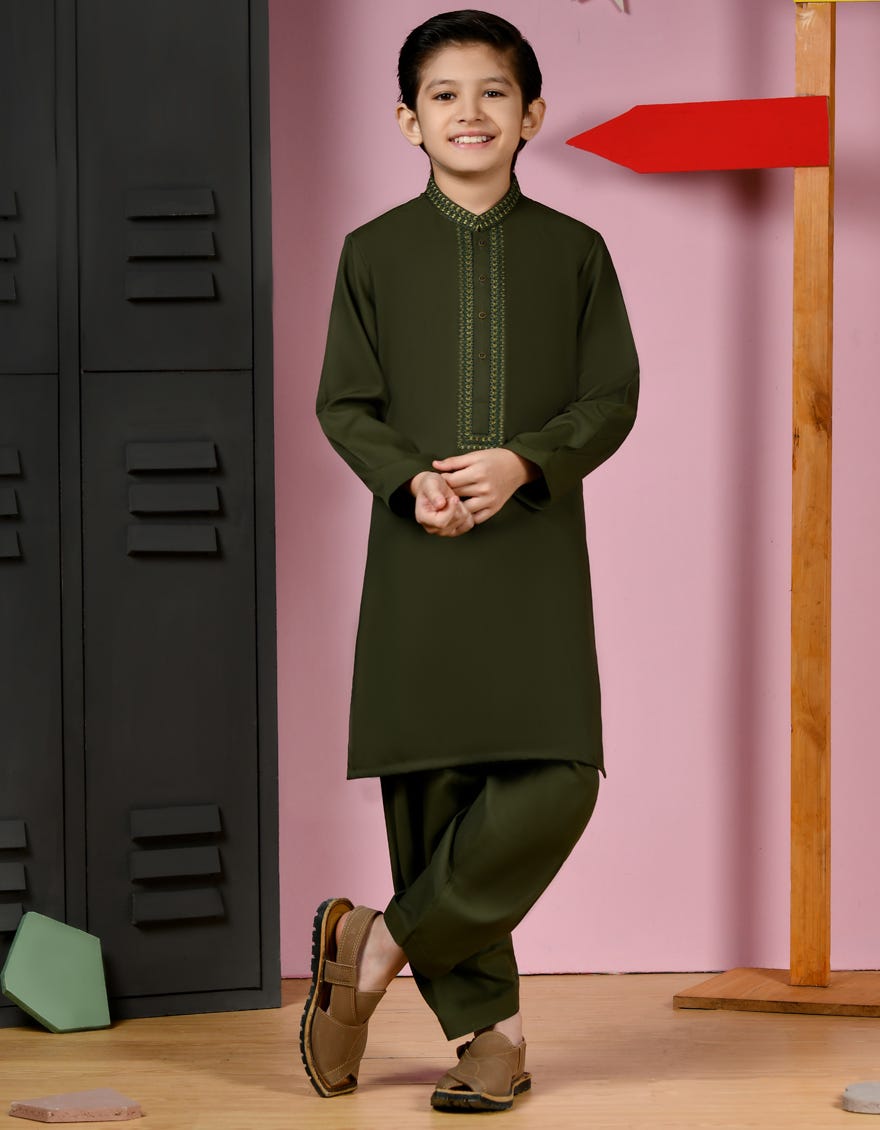 Olive Green Blended Kid's Kameez Shalwar | Jcks-A-38928
