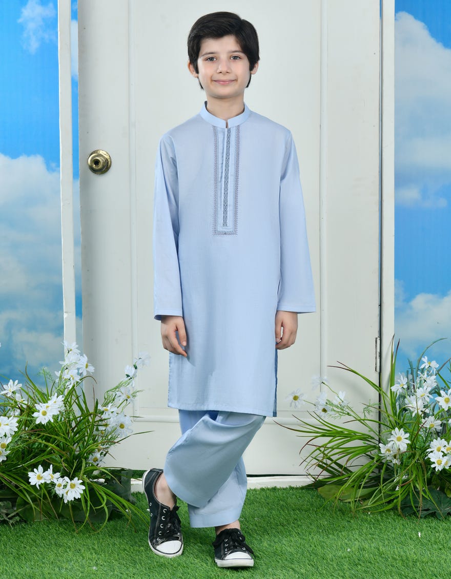 Ice Blue Cotton Kid's Kameez Shalwar | Jcks-A-38985
