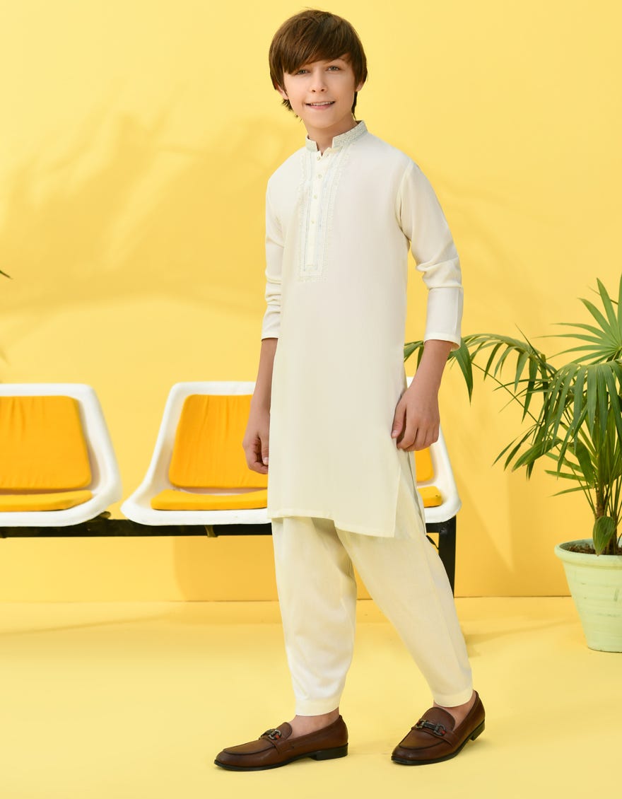 Off White Blended Kid's Kameez Shalwar | Jcks-A-38990