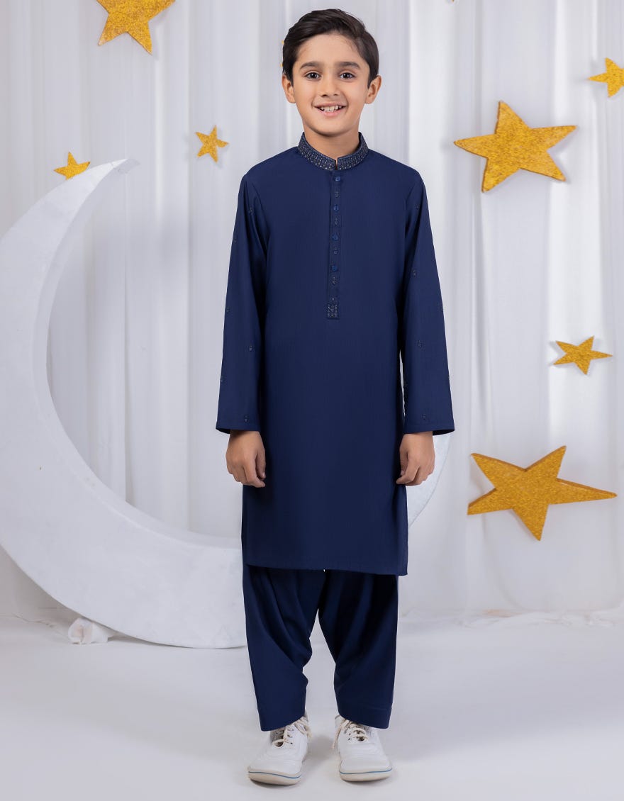 Navy Blue Blended Kid's Kameez Shalwar | Jcks-S-38995