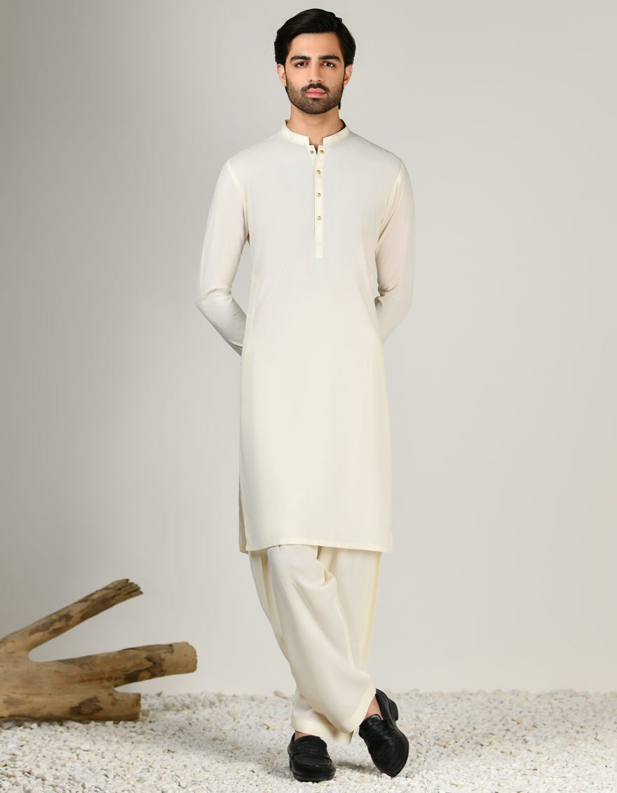 Cream Polyester Men's Kameez Shalwar | Jjks-A-32996