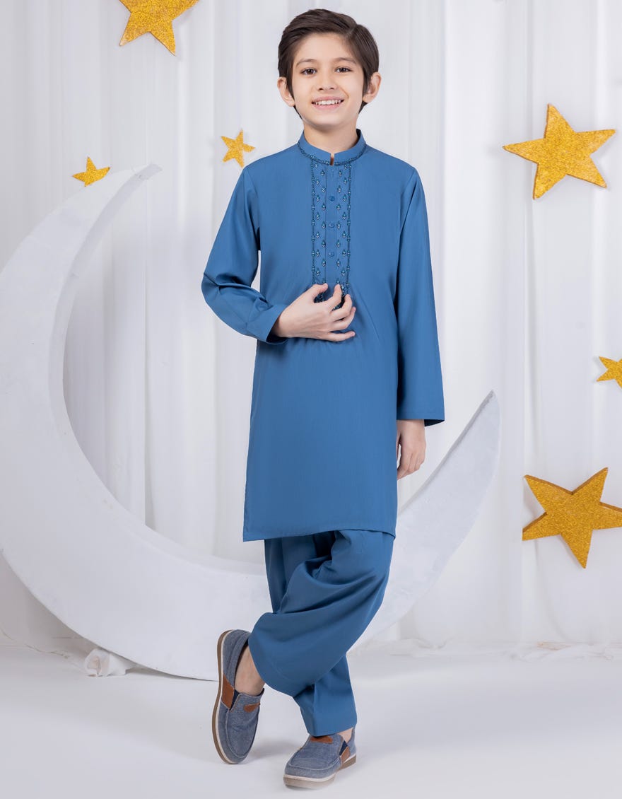 Dull Blue Blended Kid's Kameez Shalwar | Jcks-S-39004