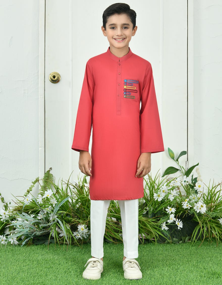 Red Cotton Kid's Kurta | Jck-S-39010