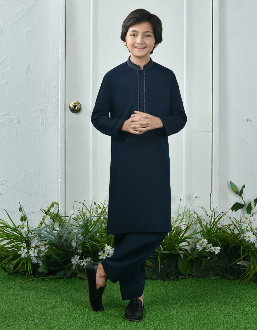 Navy Blue Blended Kid's Kameez Shalwar | Jcks-S-39044