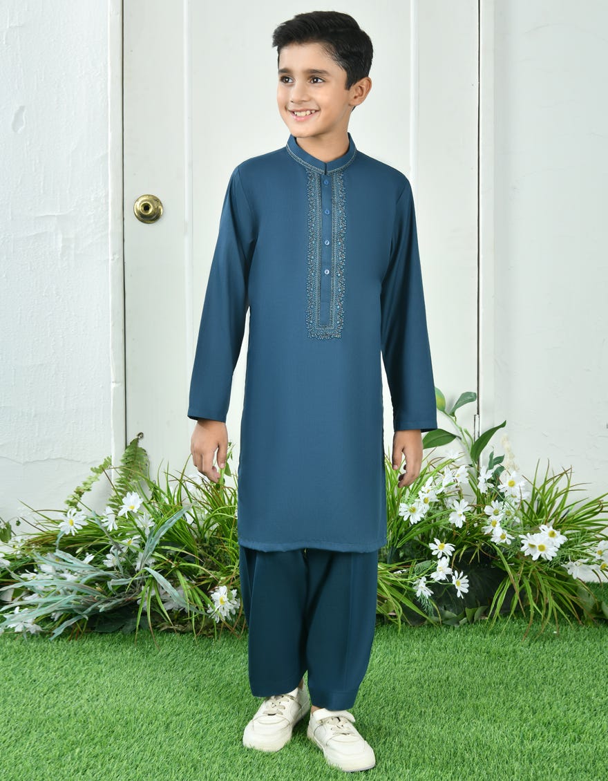 Teal Blue Blended Kid's Kameez Shalwar | Jcks-A-39048