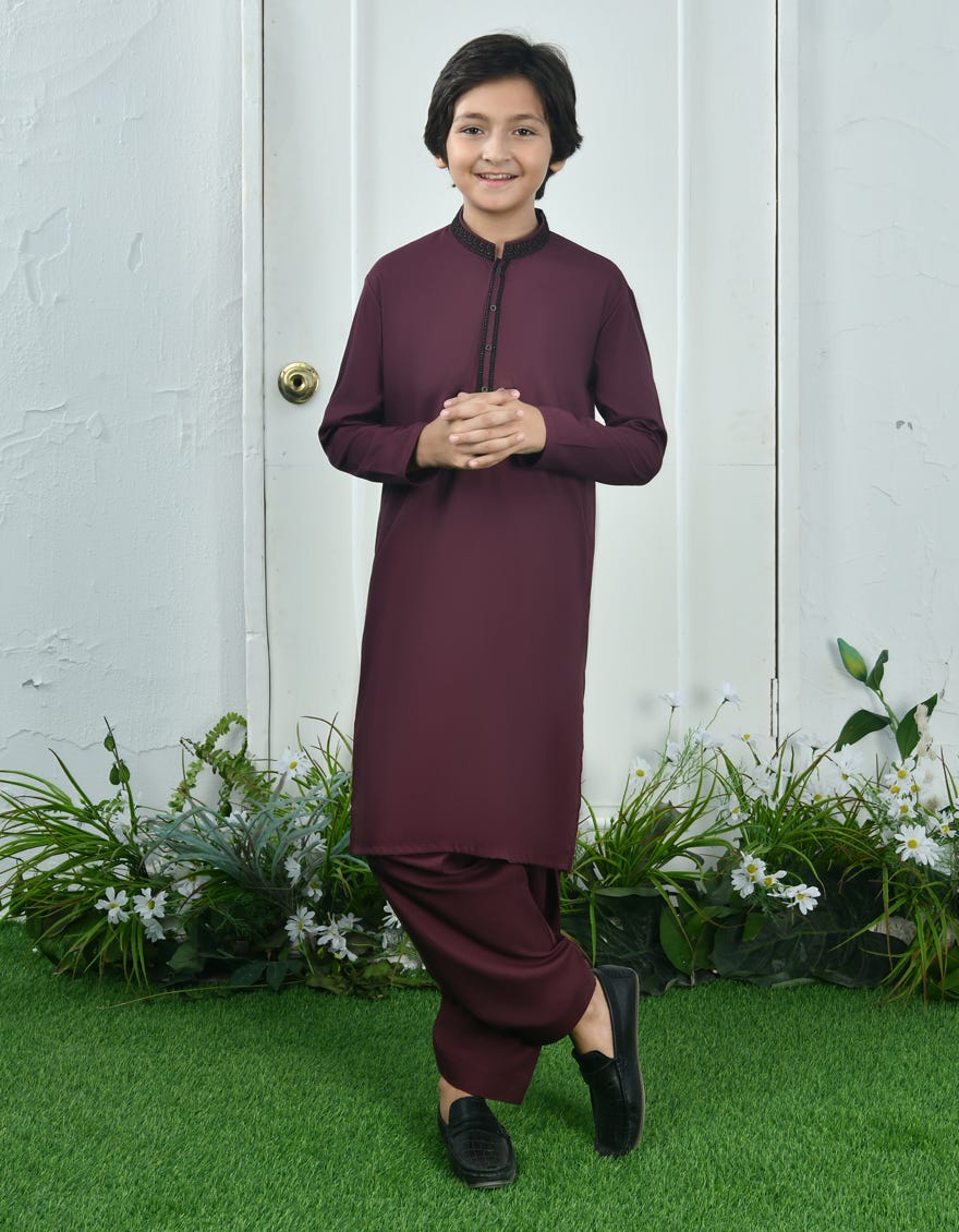 Maroon Blended Kid's Kameez Shalwar | Jcks-A-39051