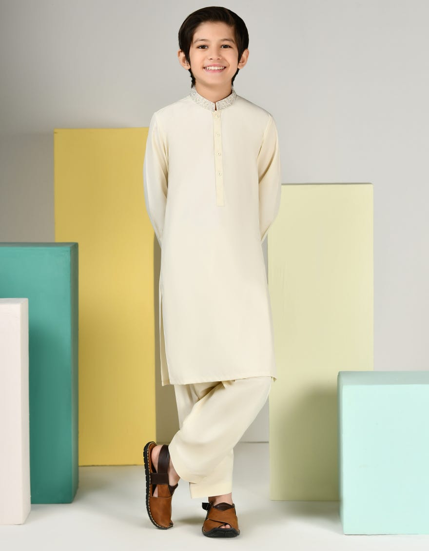 Cream Blended Kid's Kameez Shalwar | Jcks-S-39112
