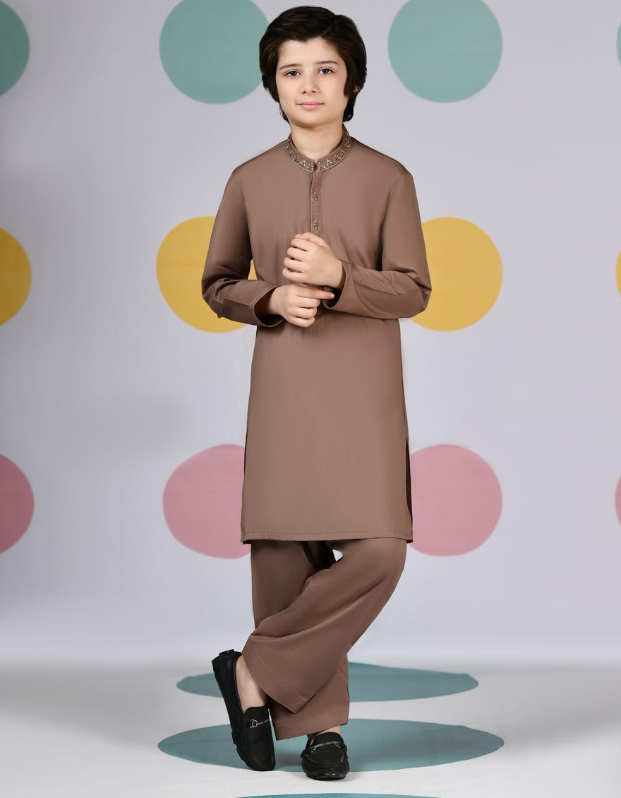 Mud Brown Blended Kid's Kameez Shalwar | Jcks-S-39116