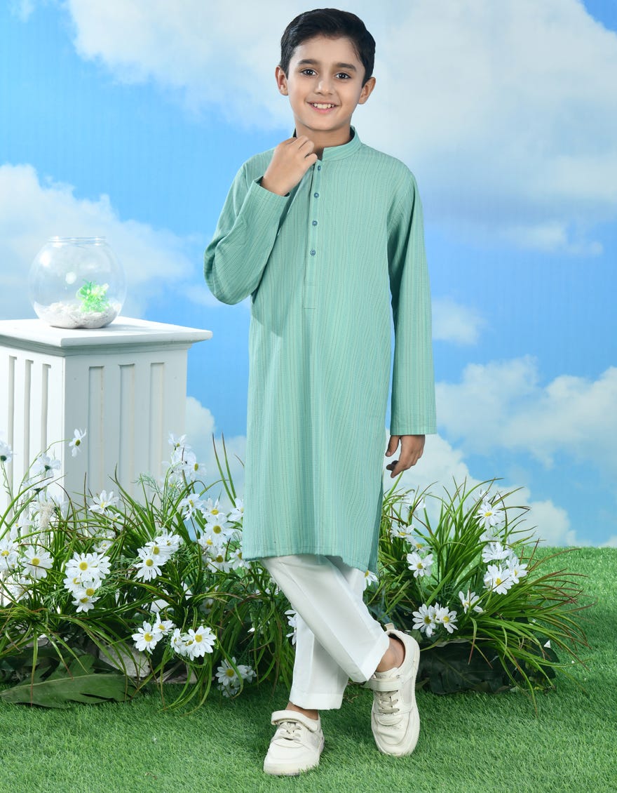 Green Cotton Kid's Kurta | Jck-A-39117