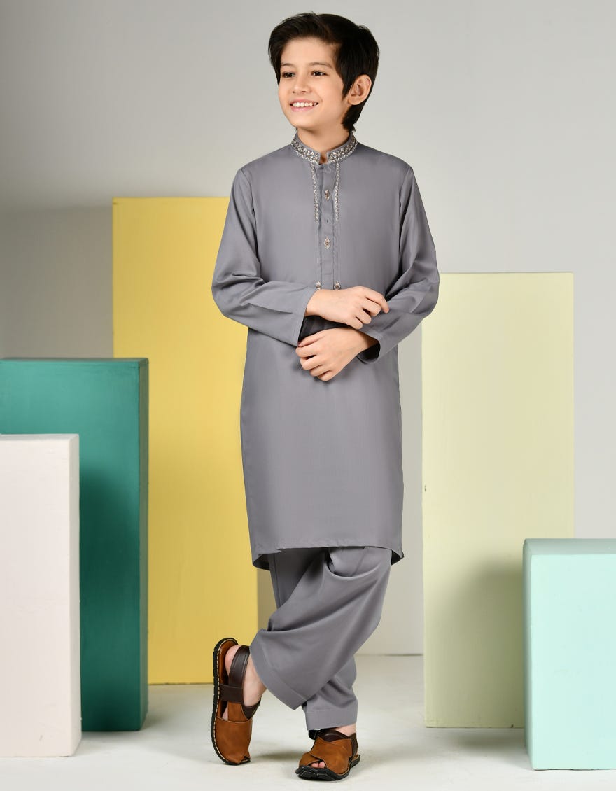 Grey Polyester Kid's Kameez Shalwar | Jcks-A-39120