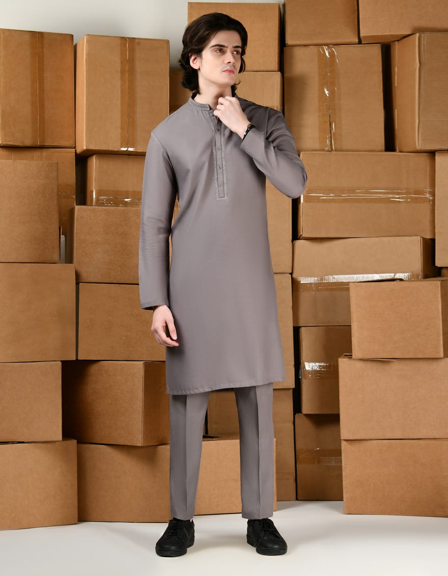 Dull Grey Blended Kurta Pajama | Jtkp-A-39144