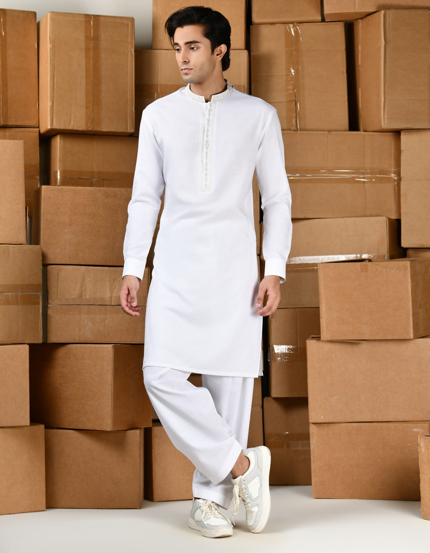 White Blended Teen Boy's Kameez Shalwar | Jtks-A-39145