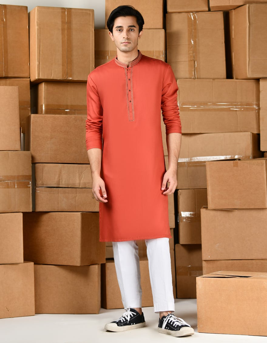 Orange Blended Teen Boy's Kurta | Jtk-A-39146