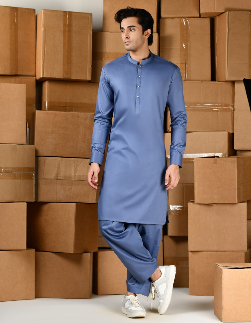 Blue Cotton Teen Boy's Kameez Shalwar | Jtks-A-39151
