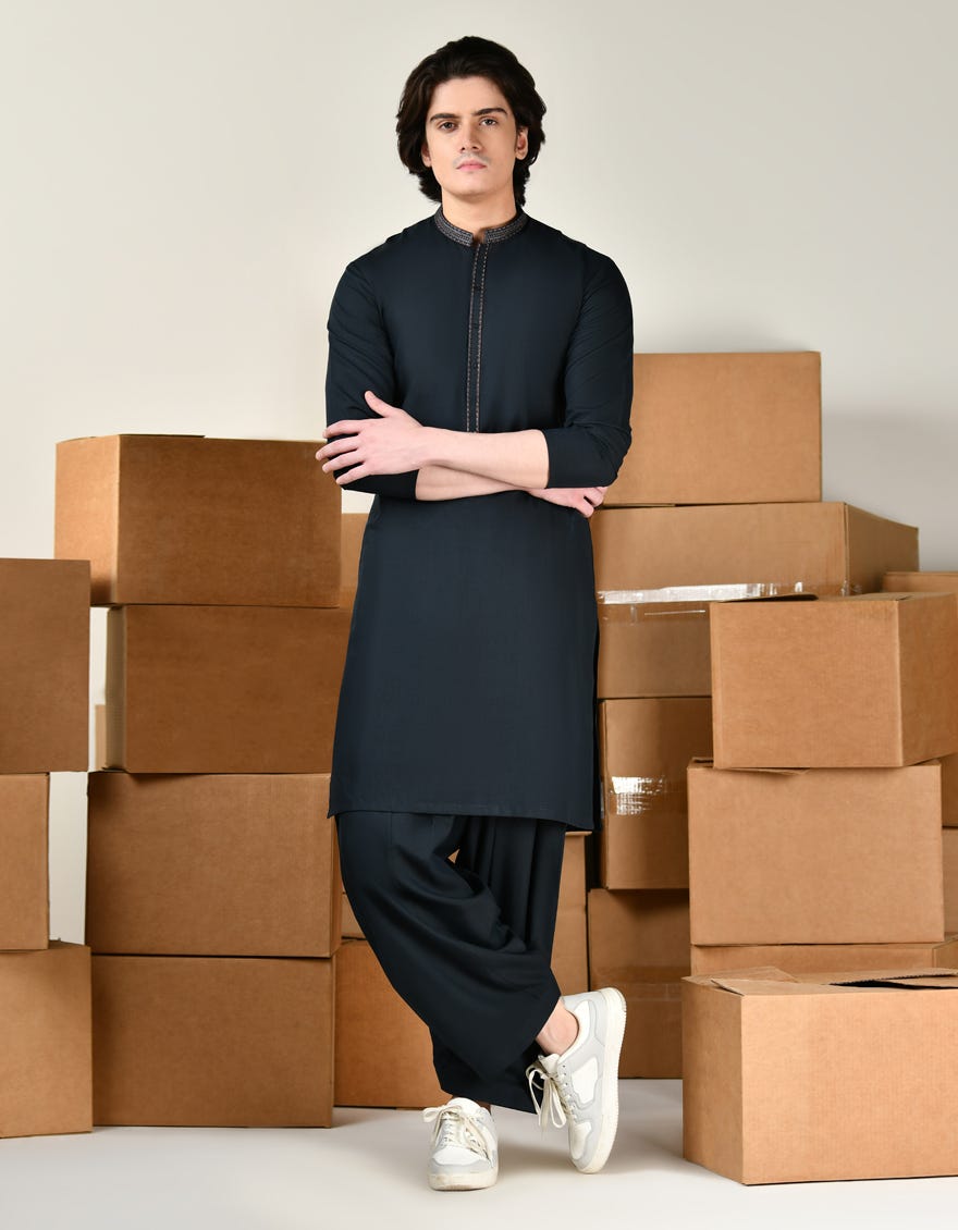 Navy Blue Blended Teen Boy's Kameez Shalwar | Jtks-A-39153