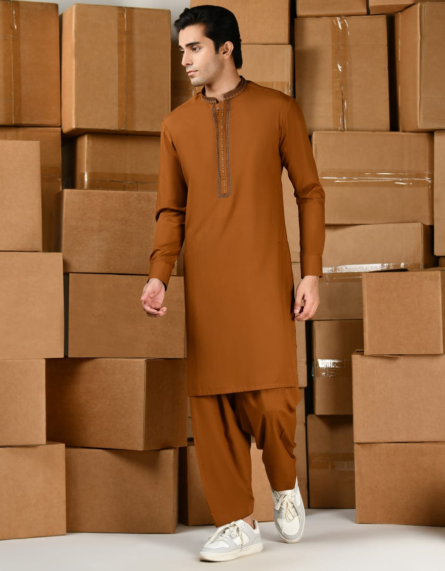 CAMEL BROWN BLENDED KAMEEZ SHALWAR | JTKS-A-39155