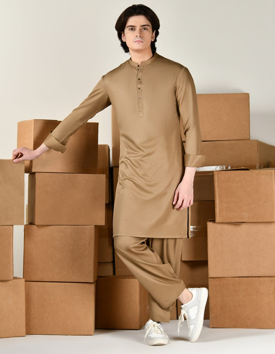 Brown Blended Teen Boy's Kameez Shalwar | Jtks-A-39157