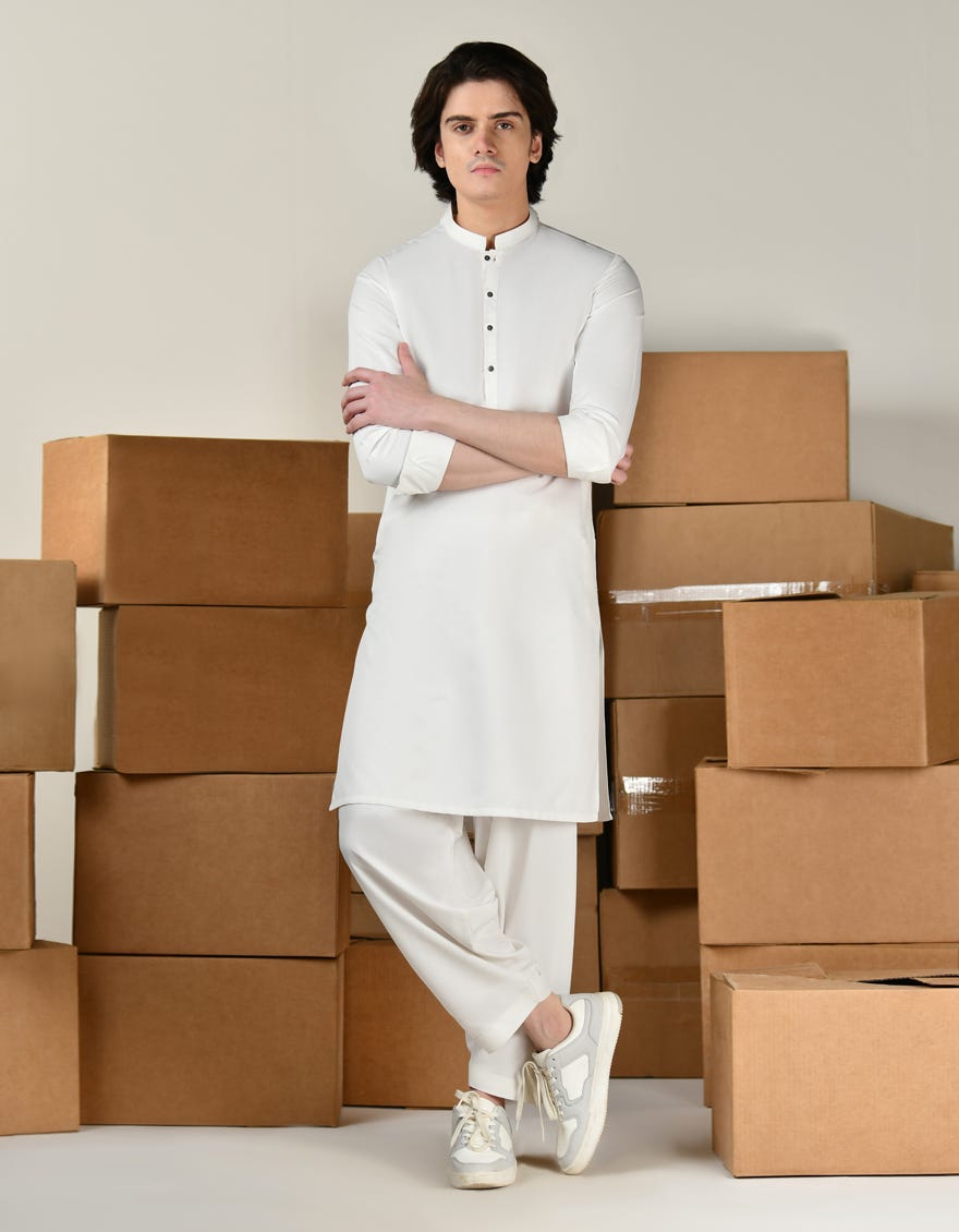 White Blended Teen Boy's Kameez Shalwar | Jtks-A-39158