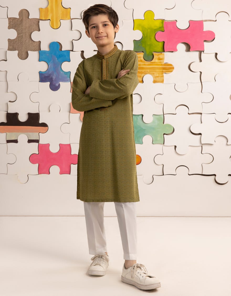 MEHNDI GREEN BLENDED BOYS KURTA | JCK-A-39170