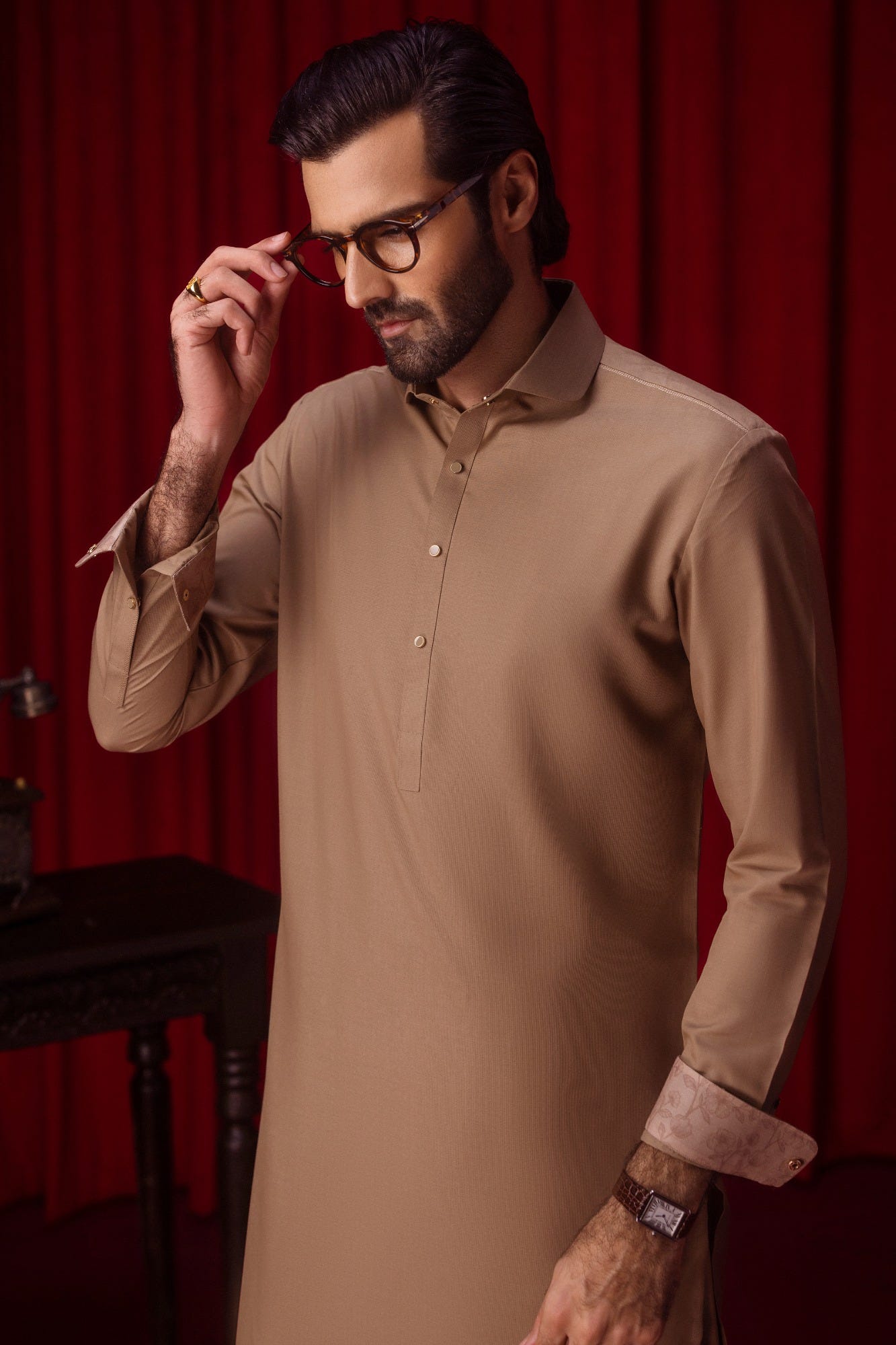SANTA MONICA - KHAKI BLENDED KAMEEZ SHALWAR