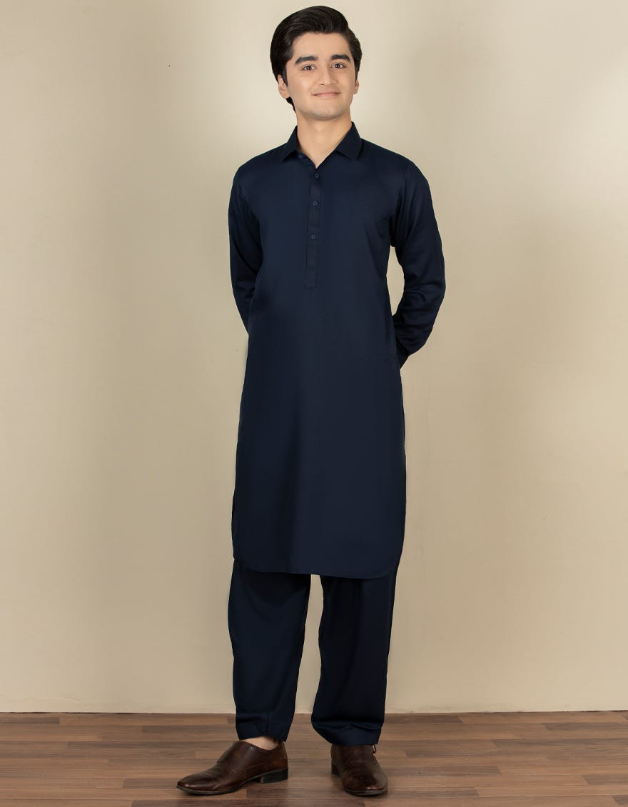 Navy Blue Blended Teen Boy's Kameez Shalwar | Jtks-S-40198-R5