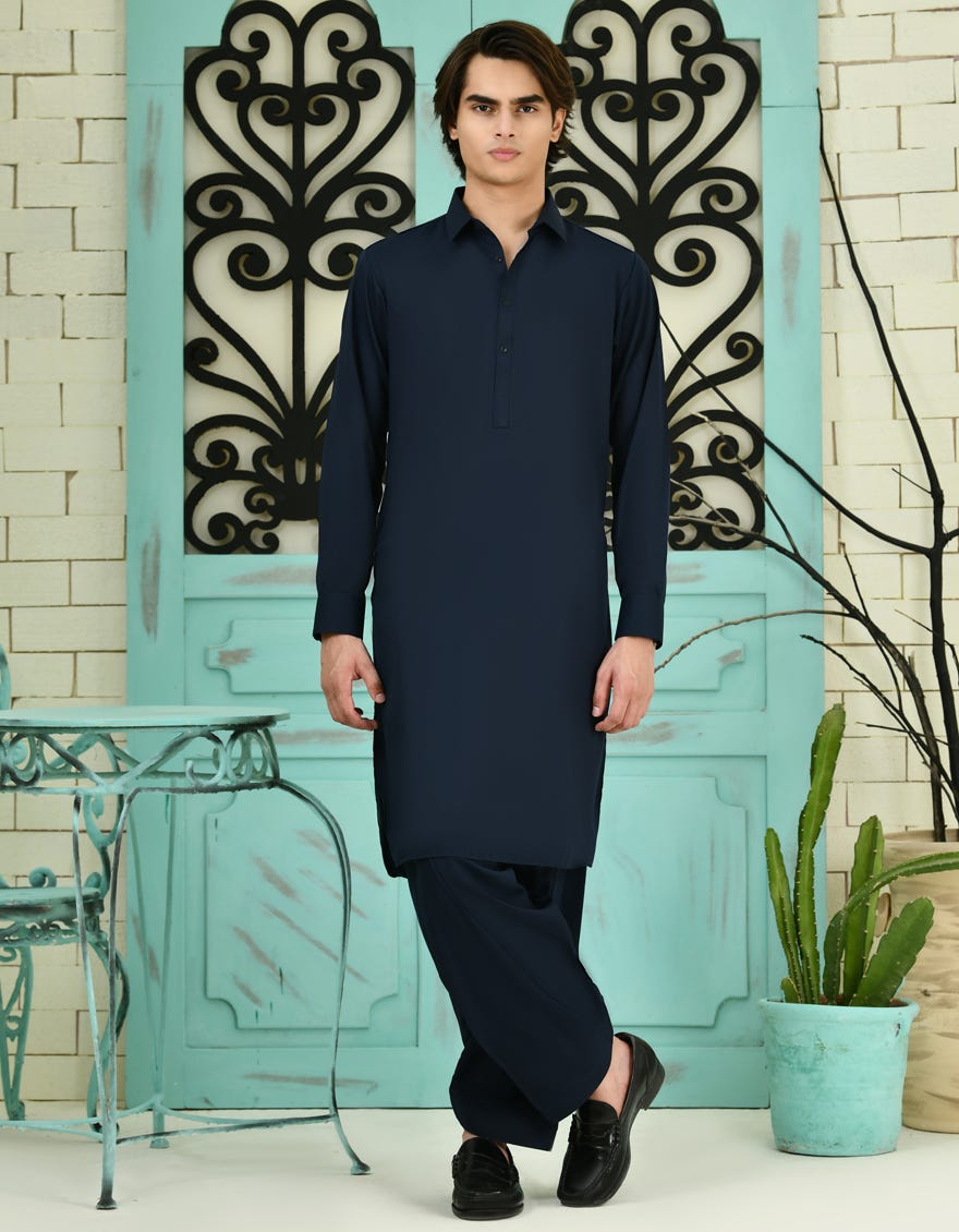 Navy Blue Blended Kameez Shalwar