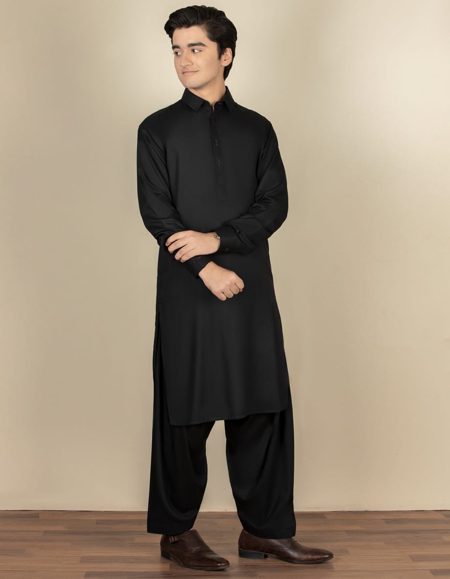 Black Blended Teen Boy's Kameez Shalwar | Jtks-A-40201-R9-Ap